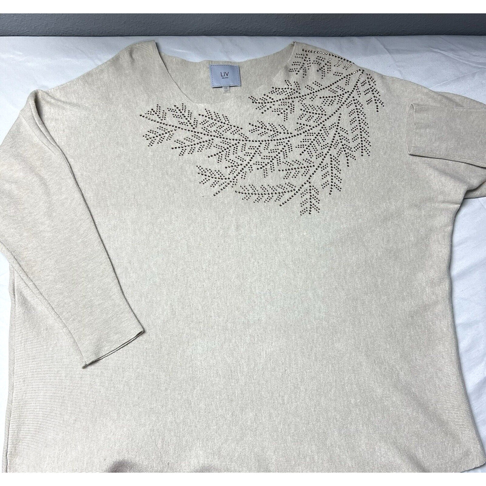 LIV Milano Womens 2X Soft Sweater Pullover Gray Embellished‎ Leaves Rhinestones